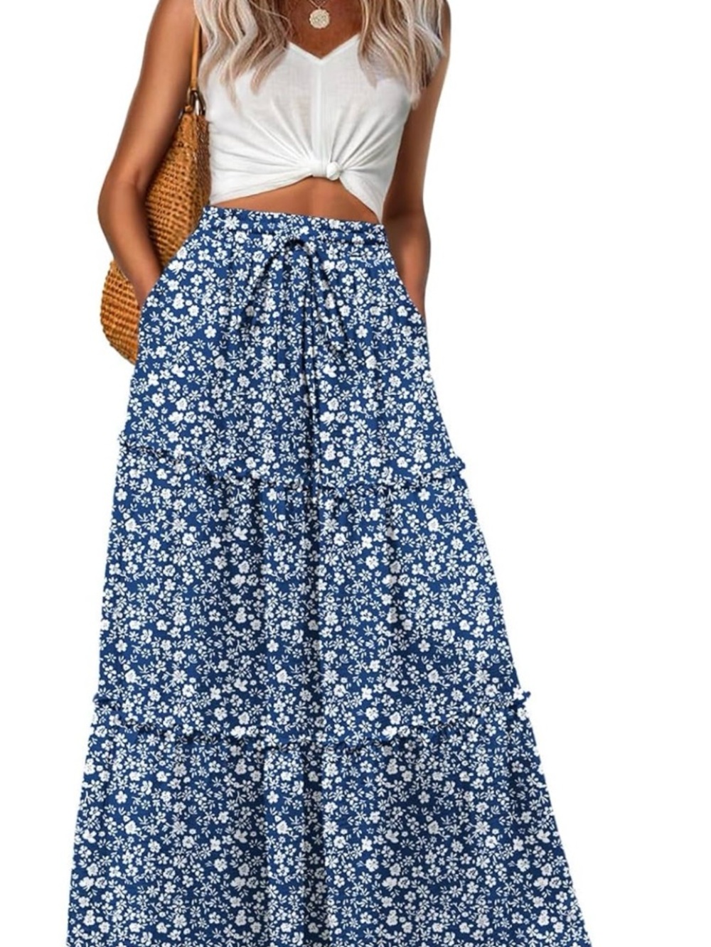 Blue Floral Maxi Skirt with Drawstring Waist
